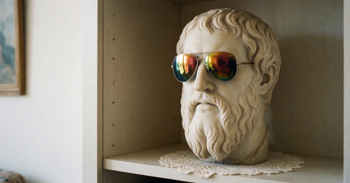 Busto di filosofo greco con occhiali a specchio anni Ottanta
