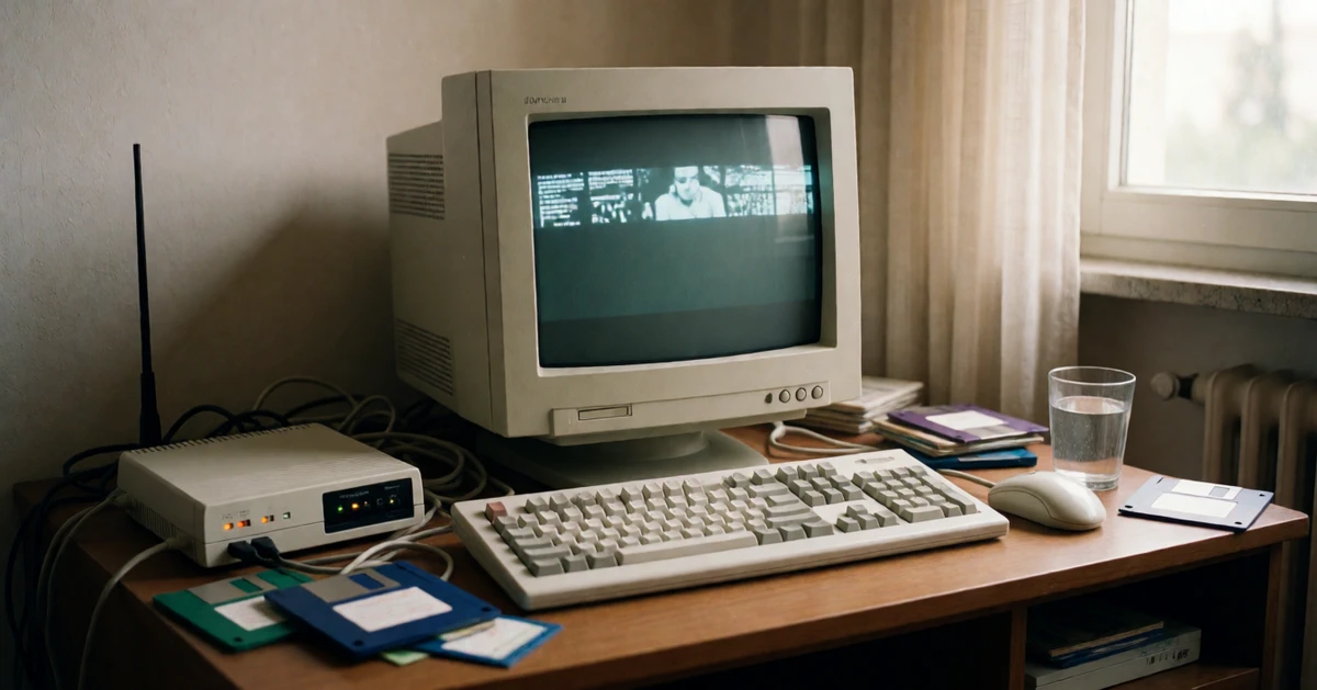 Angolo computer anni Novanta con monitor CRT e modem