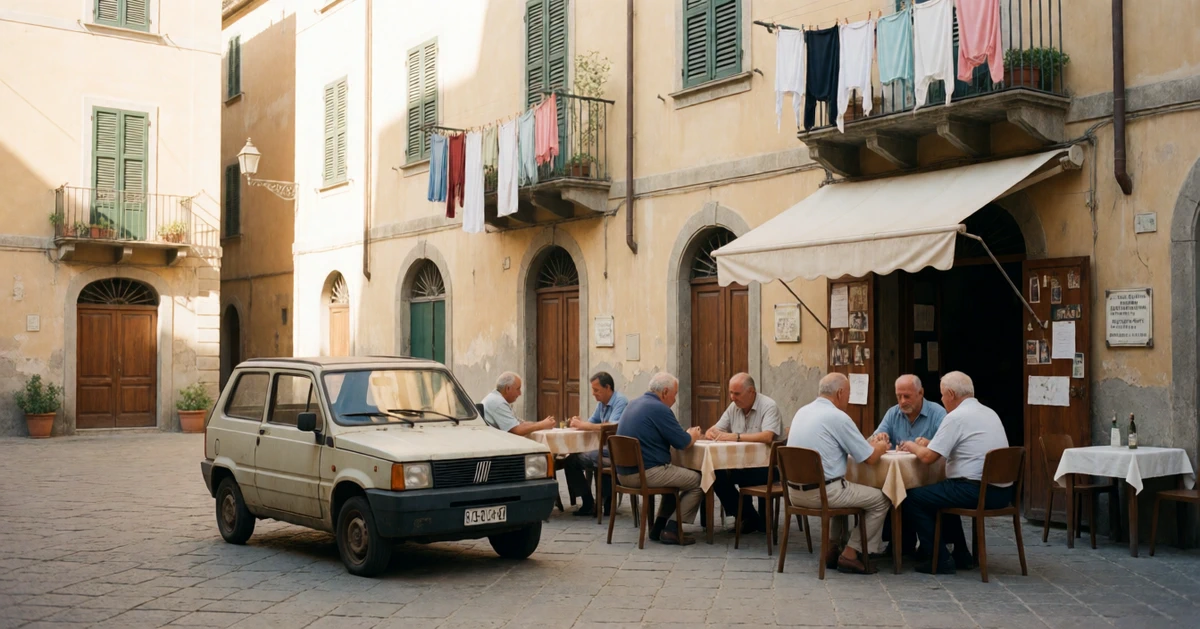 Piazza italiana anni Ottanta con Fiat Panda e tavolini del bar