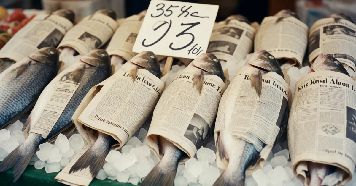 Pesce fresco avvolto in vecchi giornali al mercato