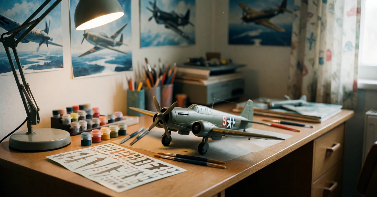 Scrivania da modellista con aereo della Seconda Guerra Mondiale in costruzione